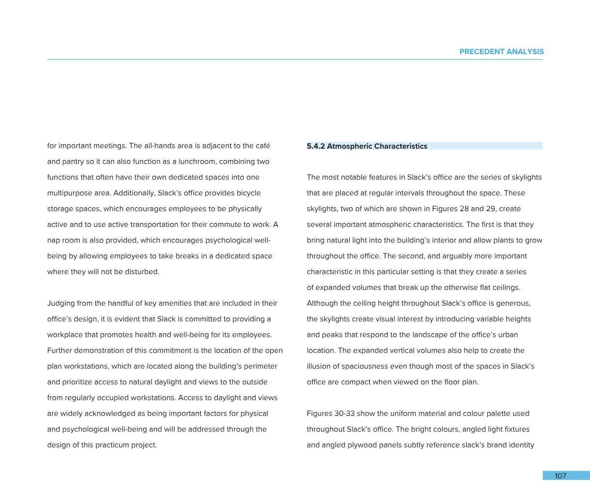 Page from a document discussing Slack's office design, features, and environmental characteristics, including skylights, ceiling design, and use of bright colors and materials.