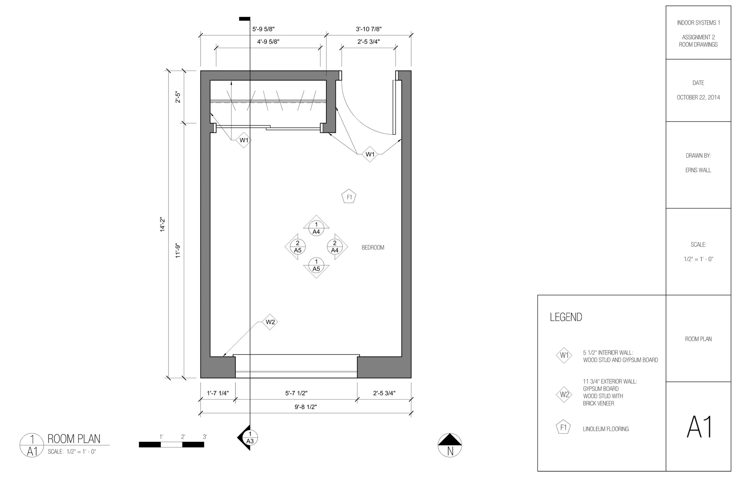 Floor plan of a bedroom with dimensions and construction details included.