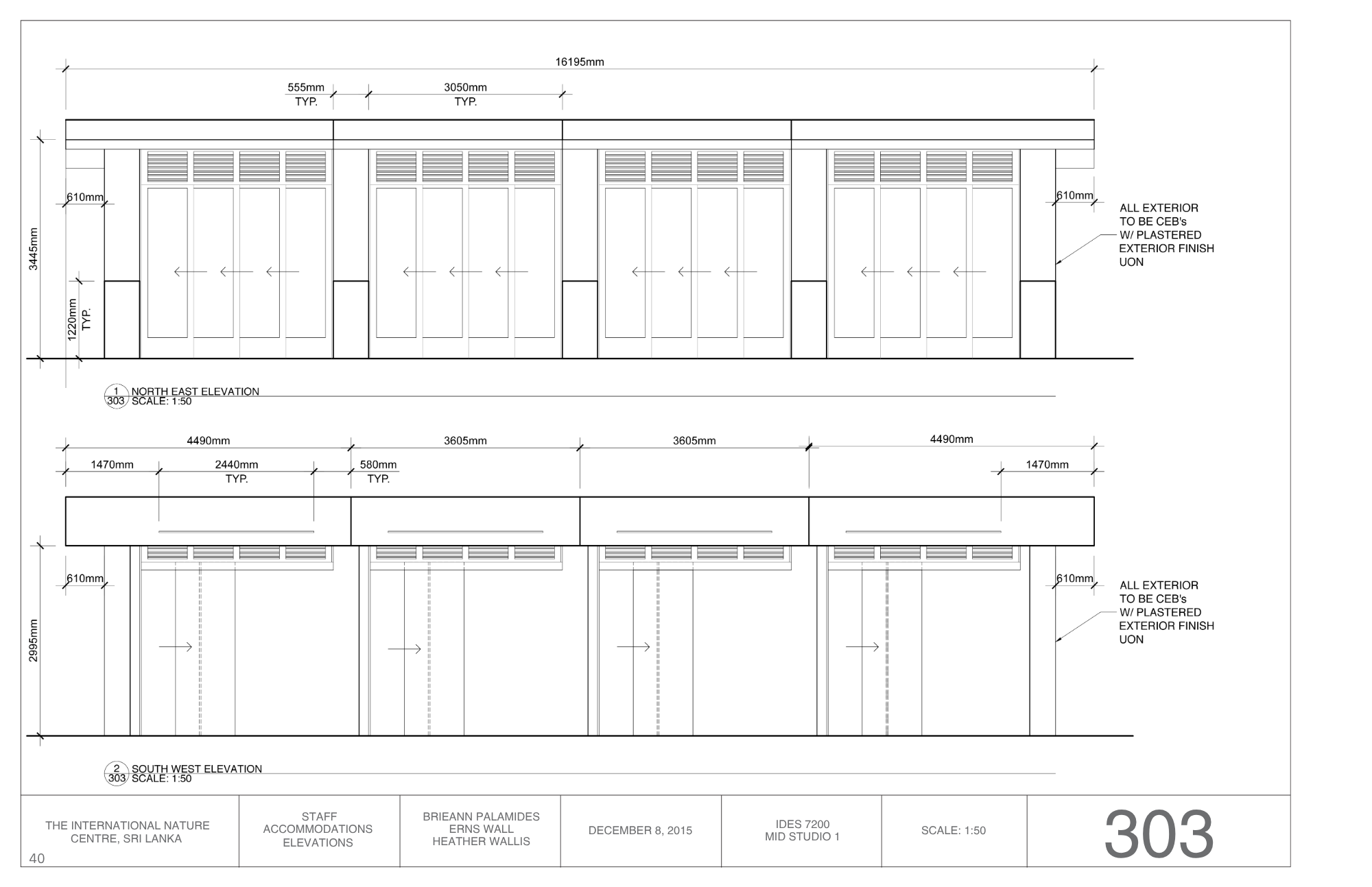 Architectural blueprint displaying north east and south west elevations of a building with details such as measurements, exterior finishes, and construction specifications.