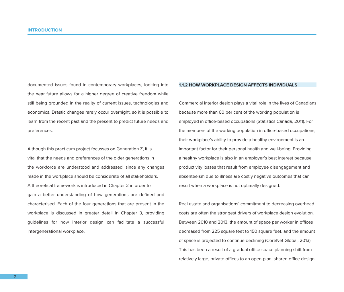 Two-page spread of a document with text discussing workplace design and its effects on individuals, including sections titled "Introduction" and "1.1.2 How Workplace Design Affects Individuals," with a blue highlighted subheading.