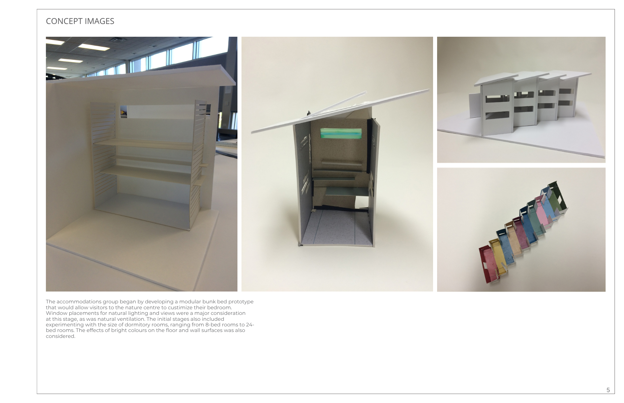 Collection of architectural models and prototypes for a modular bunk bed concept, including various layouts, lighting options, and color samples displayed on a white surface.