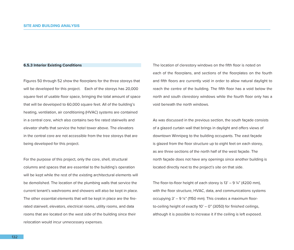 Screenshot of a technical document page titled 'Site and Building Analysis' with section 6.5.3 titled 'Interior Existing Conditions.' The text discusses floor areas, window positions, and building features such as HVAC systems, stairwells, and elevat