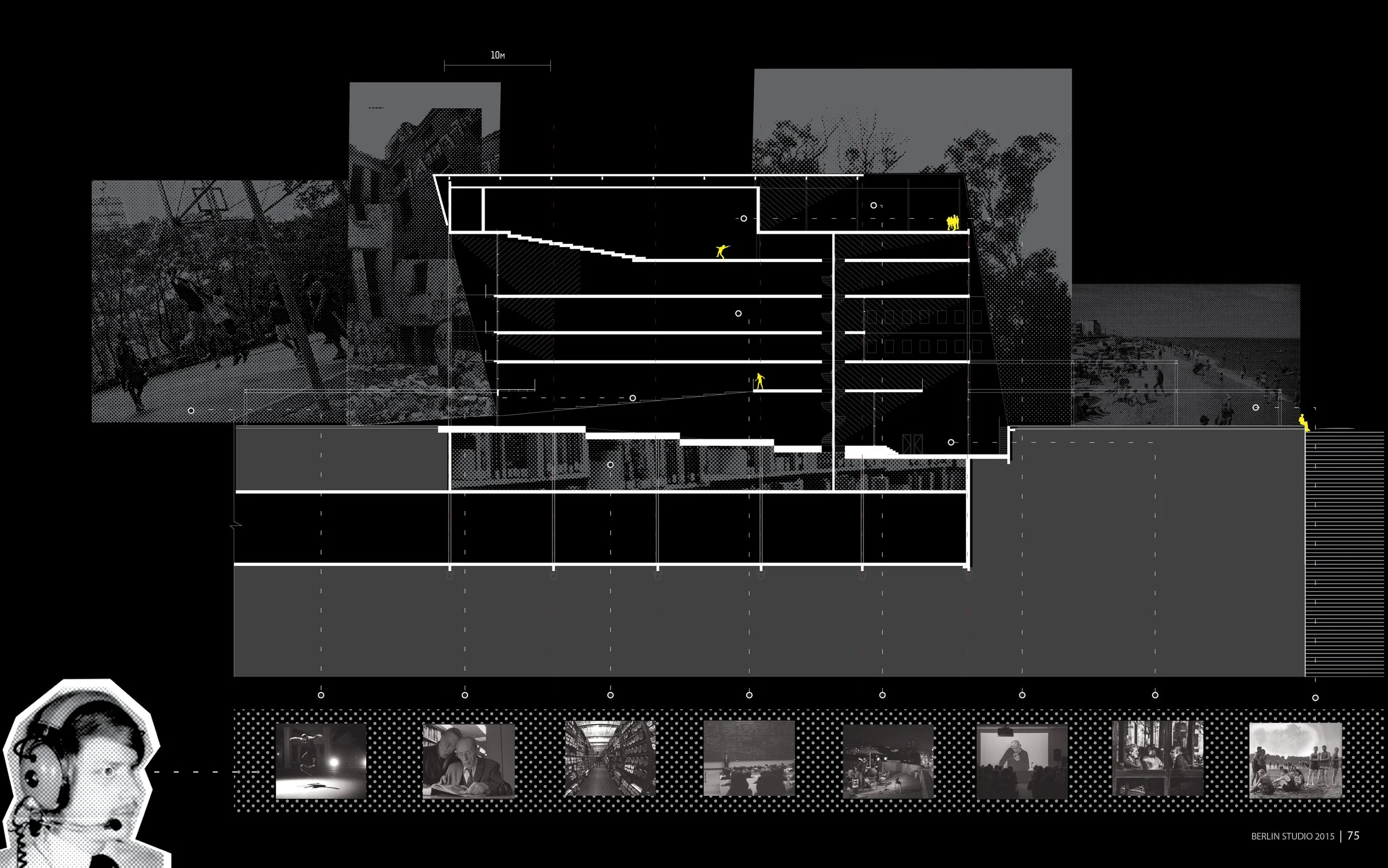Architectural drawing of a modern building with cutaway sections, showing interior levels, with small yellow human figures for scale, against a background of trees and cityscape.