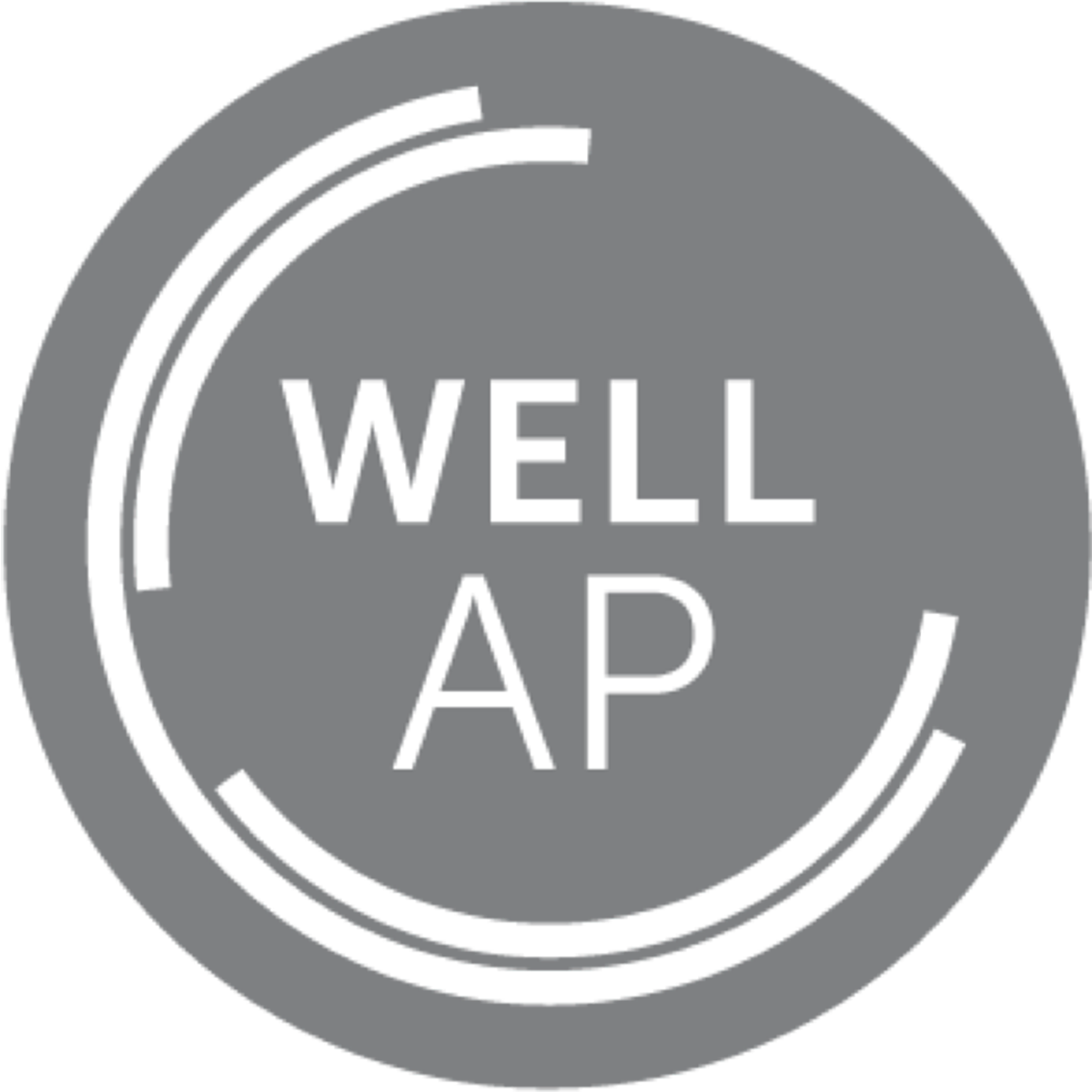 Gray circular sign with the words "WELL AP" in white text.