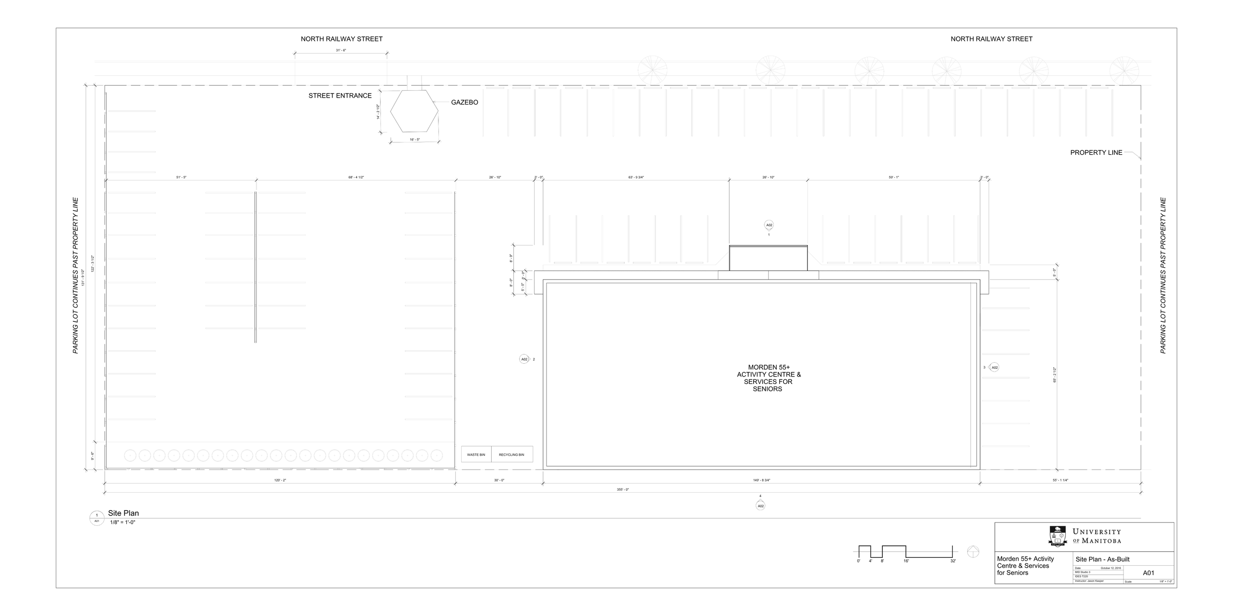 Architectural site plan for a community activity center and services building, including parking lots, a gazebo, waste and recycling bins, and landscaping, created by the University of Manitoba.