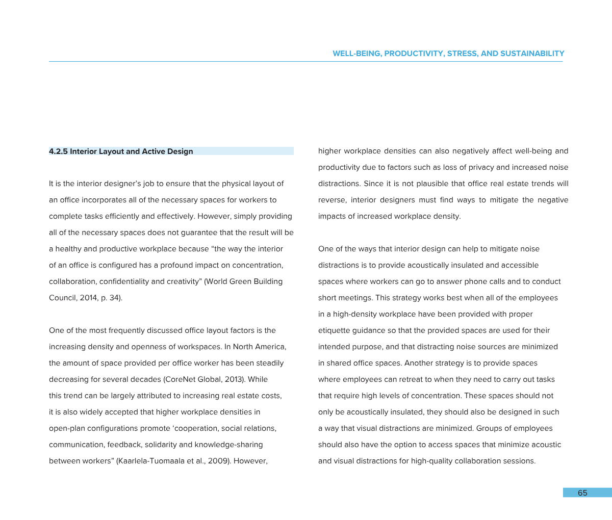 Page from a report discussing interior layout and active design, focusing on workplace density, noise management, and employee well-being in office environments.