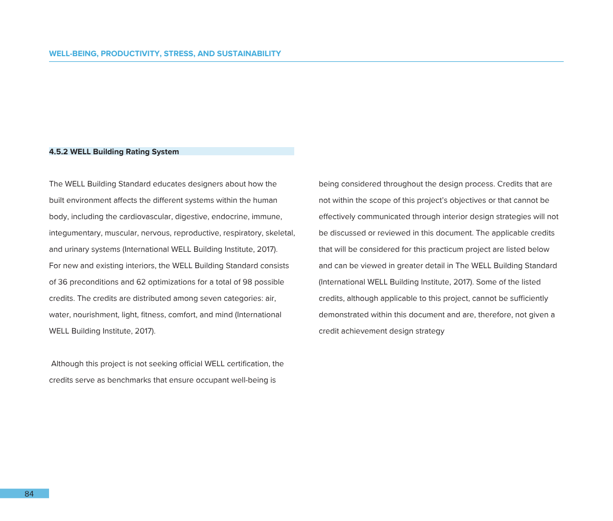 Page from a document titled "Well-Being, Productivity, Stress, and Sustainability," discussing the WELL Building Rating System, including details about the standards, credits, and categories related to building interior design for human health and co