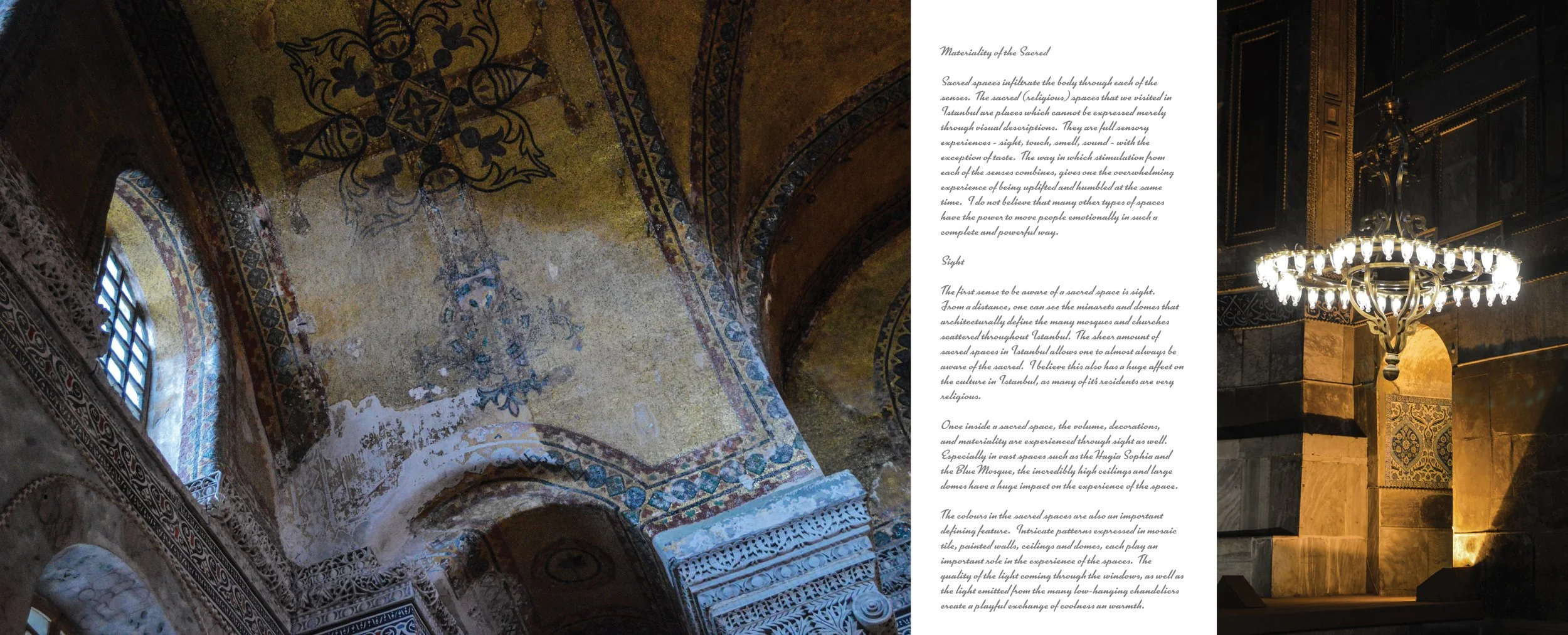 Interior view of a historical building with a decorated ceiling, ornate window frames, and a chandelier hanging from a richly decorated ceiling with gold accents. A page with descriptive text is overlaid on the right side of the image.