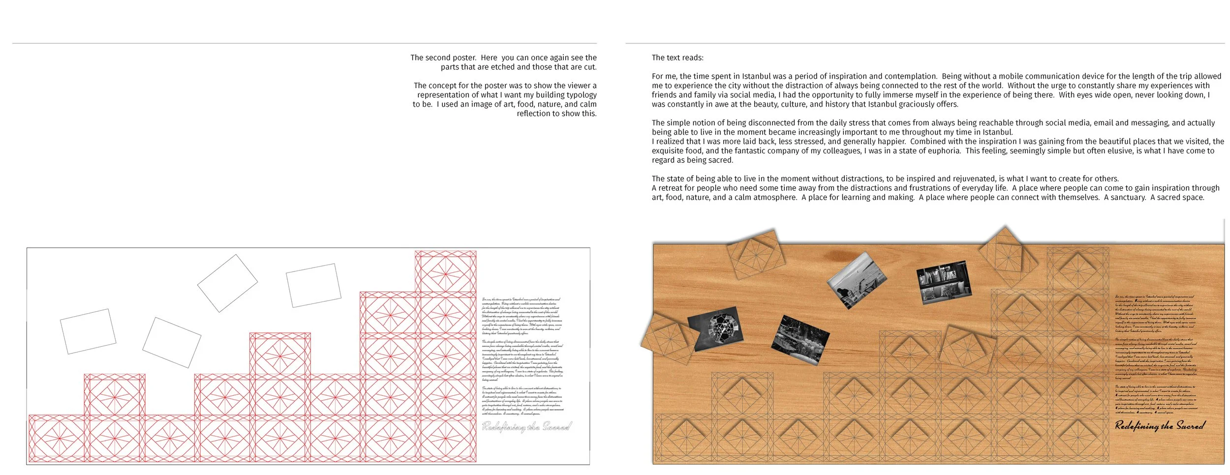 A collage of a poster design process. The left side shows a line drawing of geometric shapes in red, with some faint blocks and text. The right side displays a photograph of wooden surfaces with black and white photos, along with wireframe geometric 