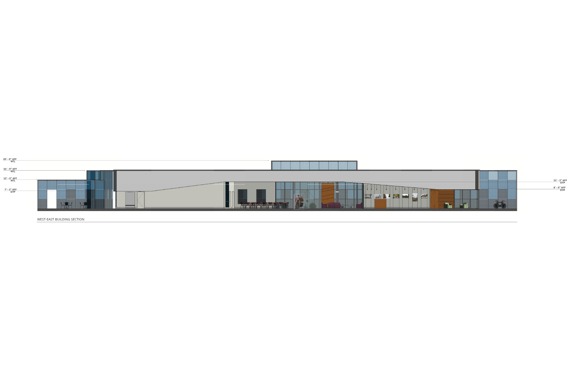 Architectural cross-section of a modern building showing interior spaces, furniture, and structural elements.