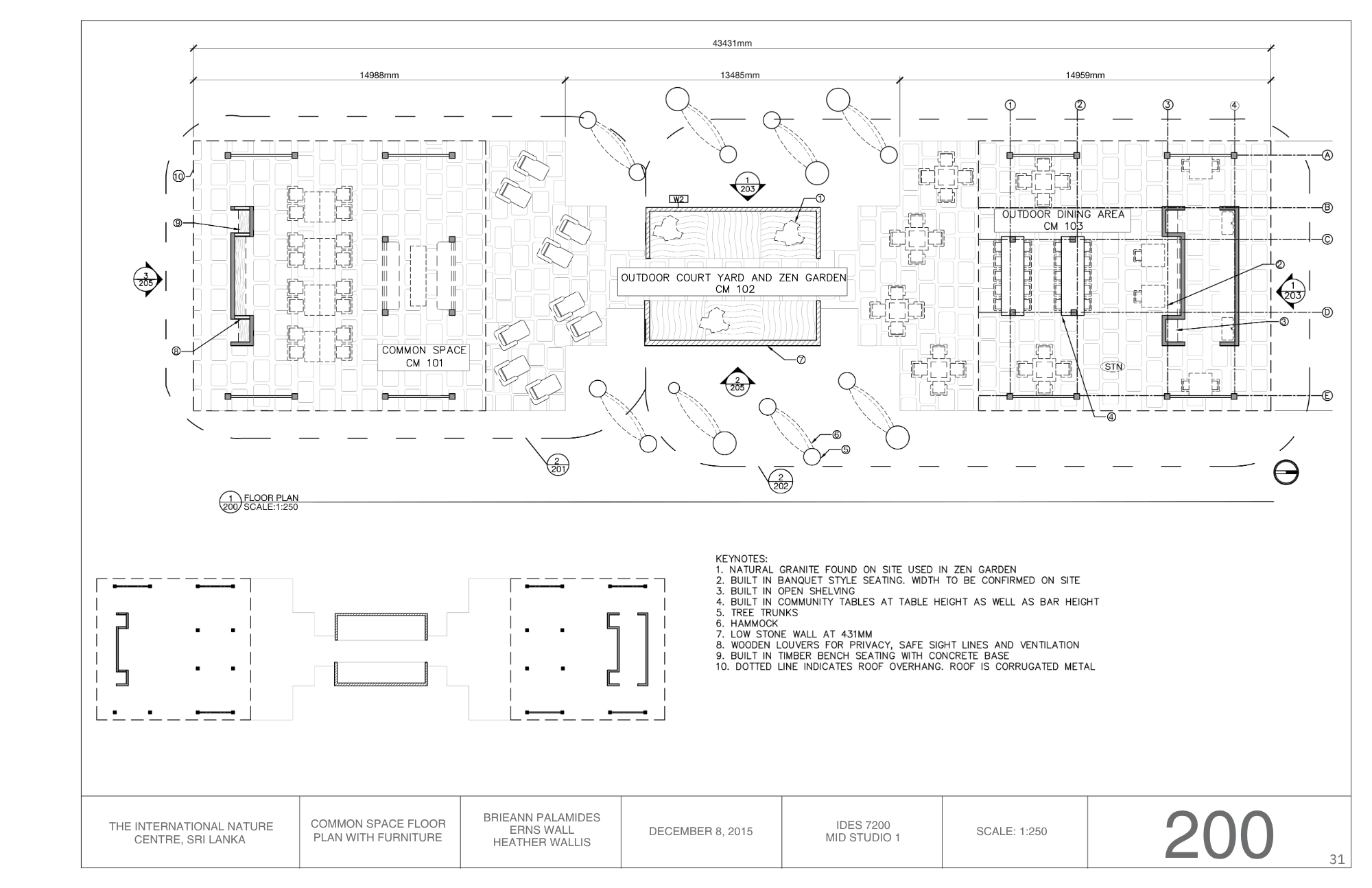 Architectural floor plan of an outdoor space featuring a common area, outdoor court yard, zen garden, outdoor dining area, and various seating arrangements with measurements and keynotes.