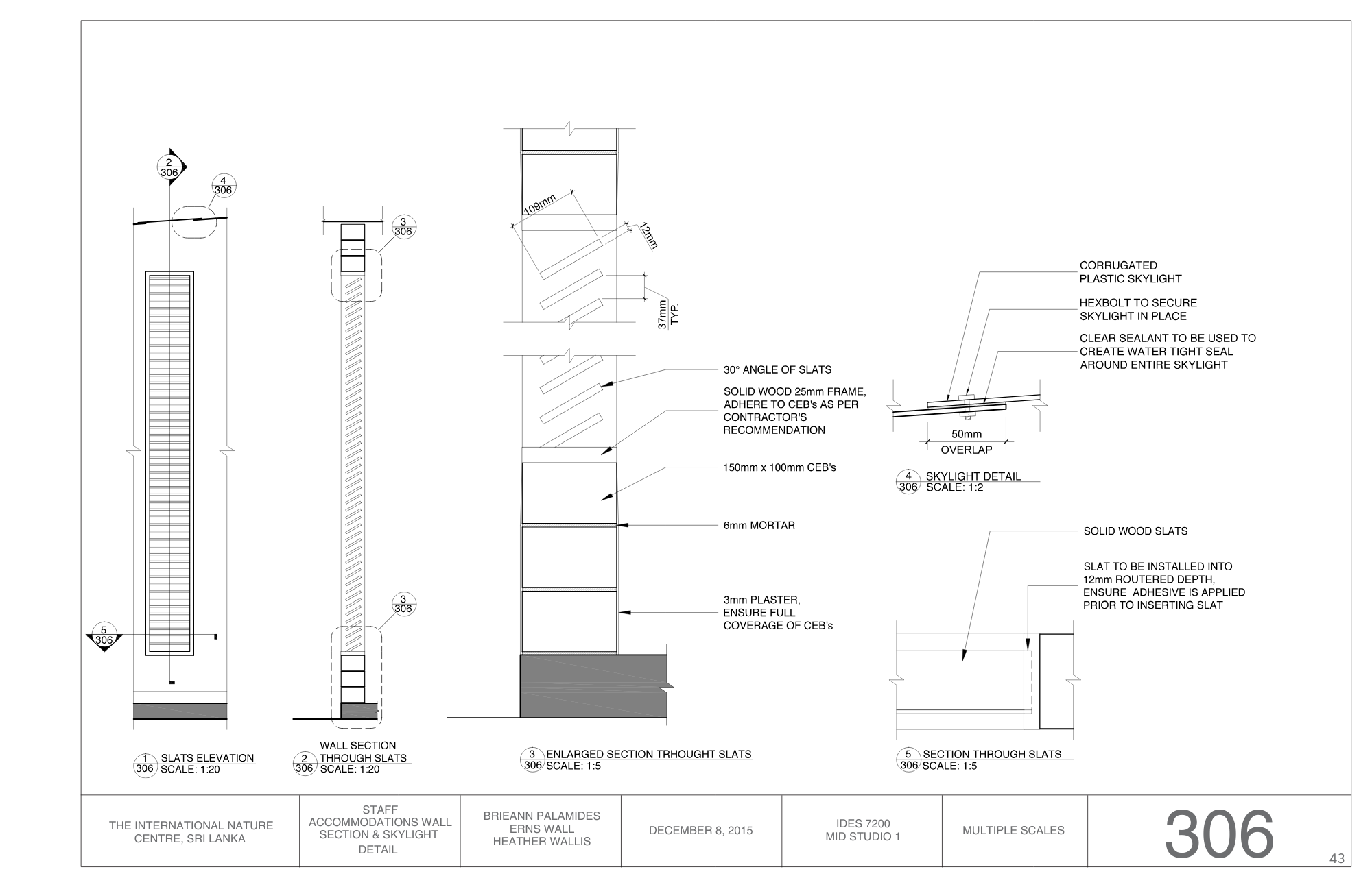 Architectural technical drawing detailing sections and elevations of skylight and wall installation with measurements and notes.