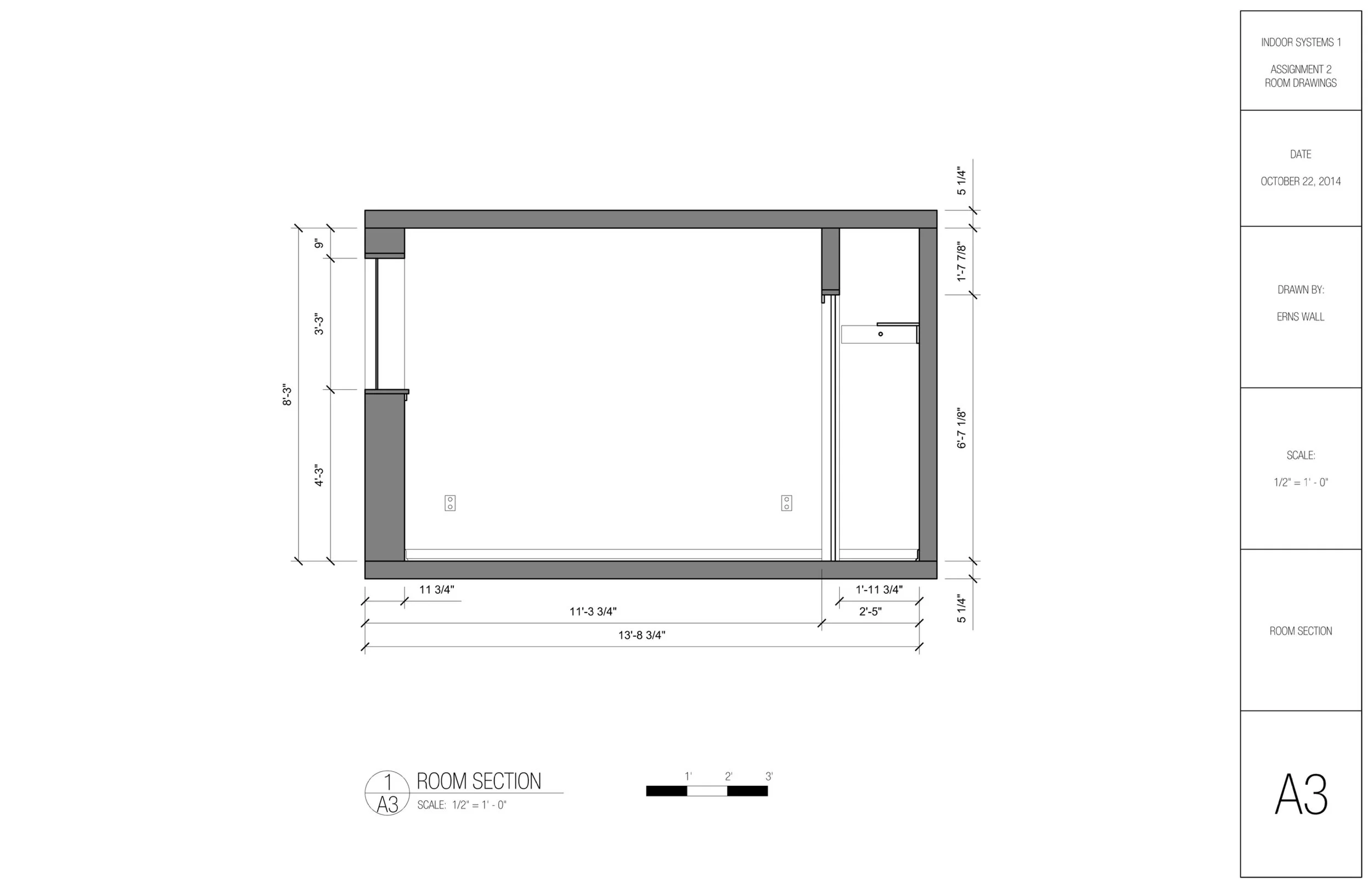 Architectural drawing of an interior room section with measurements and dimensions.