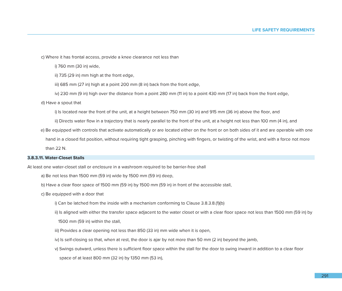 A document page titled "LIFE SAFETY REQUIREMENTS" with detailed specifications for life safety and water-closet stalls, including measurements and descriptions for knee clearance, spouts, controls, and washroom stall dimensions.