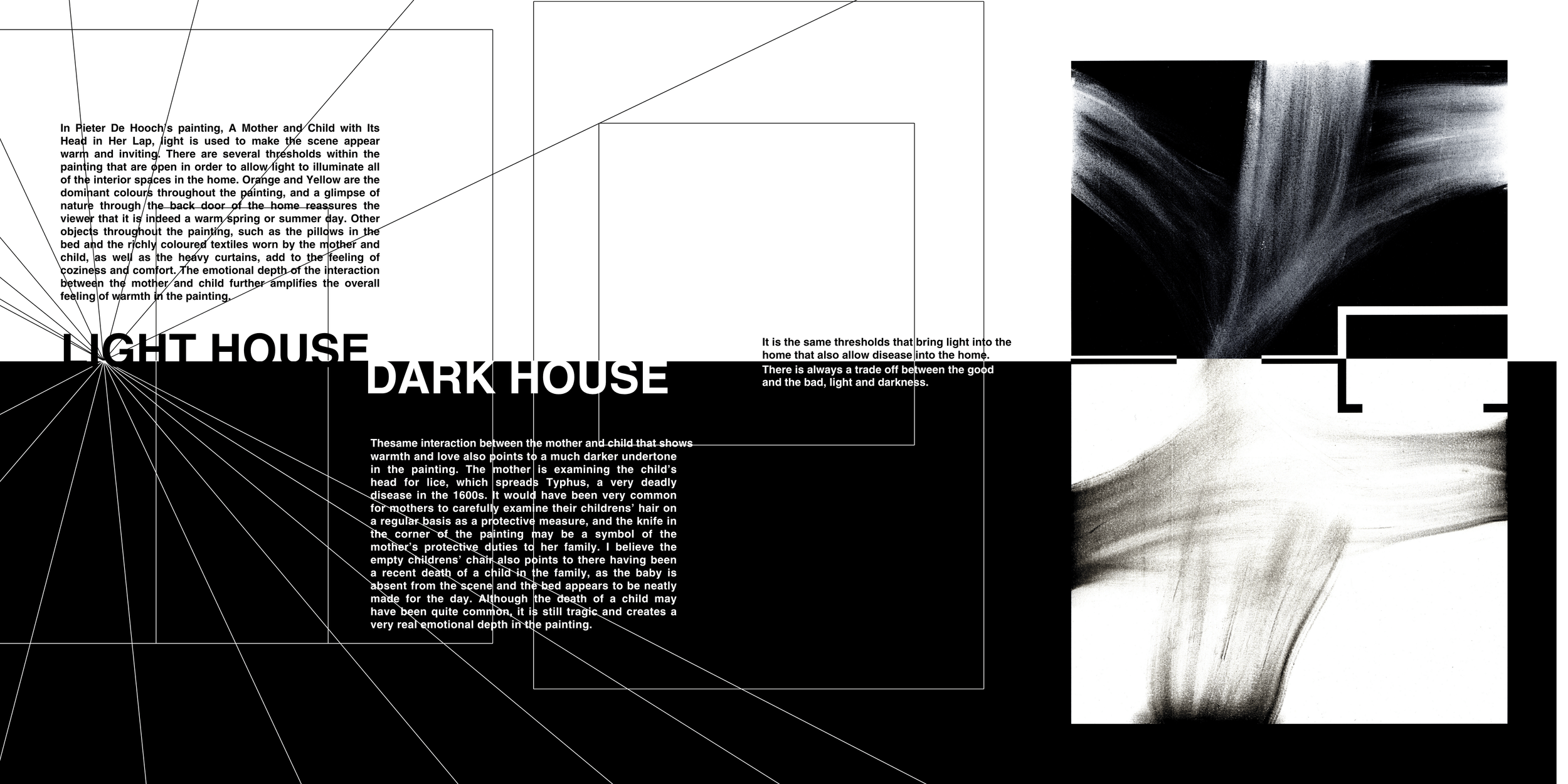 An abstract black and white digital artwork featuring a distorted grayscale image on the right and a large block of text on the left discussing Pieter de Hooch's painting, a mother and child, and themes of light and darkness.