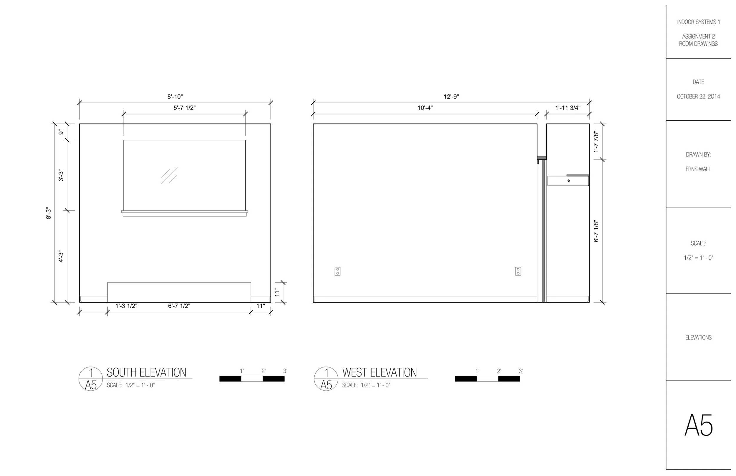 Architectural blueprint of interior room elevations with detailed measurements and annotations.