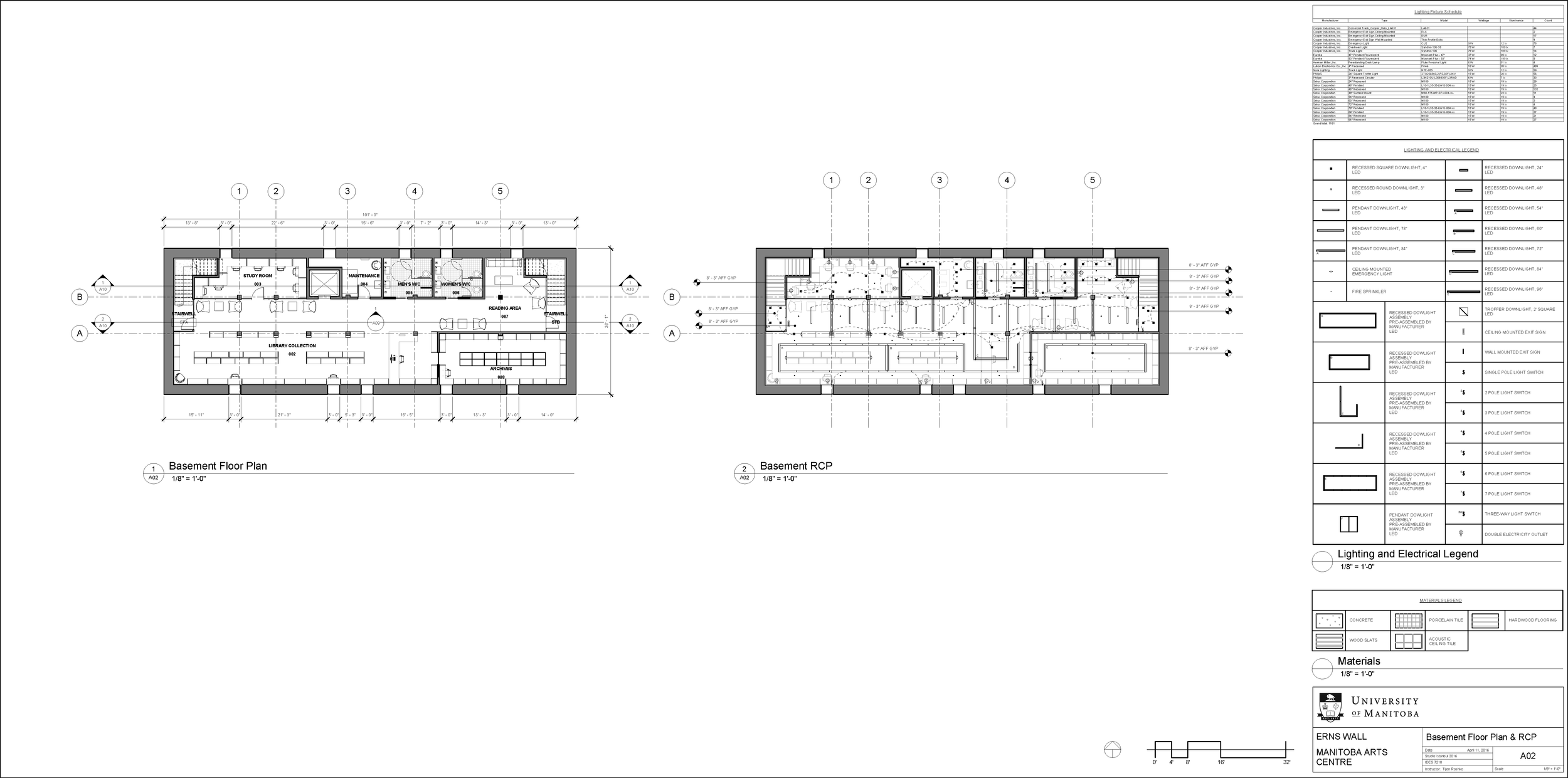 Architectural blueprint of a basement floor plan and roof plan, including lighting and electrical legend, materials, and construction details, assigned to the University of Manitoba.