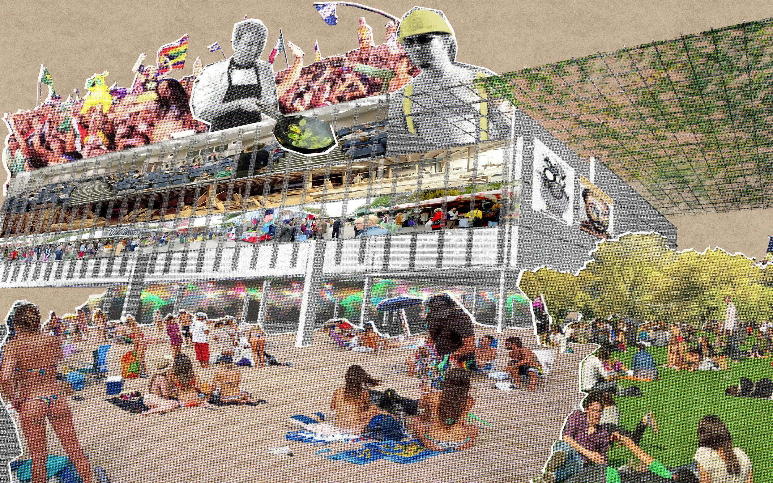 A large crowd gathers at an outdoor festival with a multi-story stage. The stage is decorated with images, including people, flags, and artwork, and is supporting a crowd of people dancing and enjoying the music. Many attendees are sitting on the gra