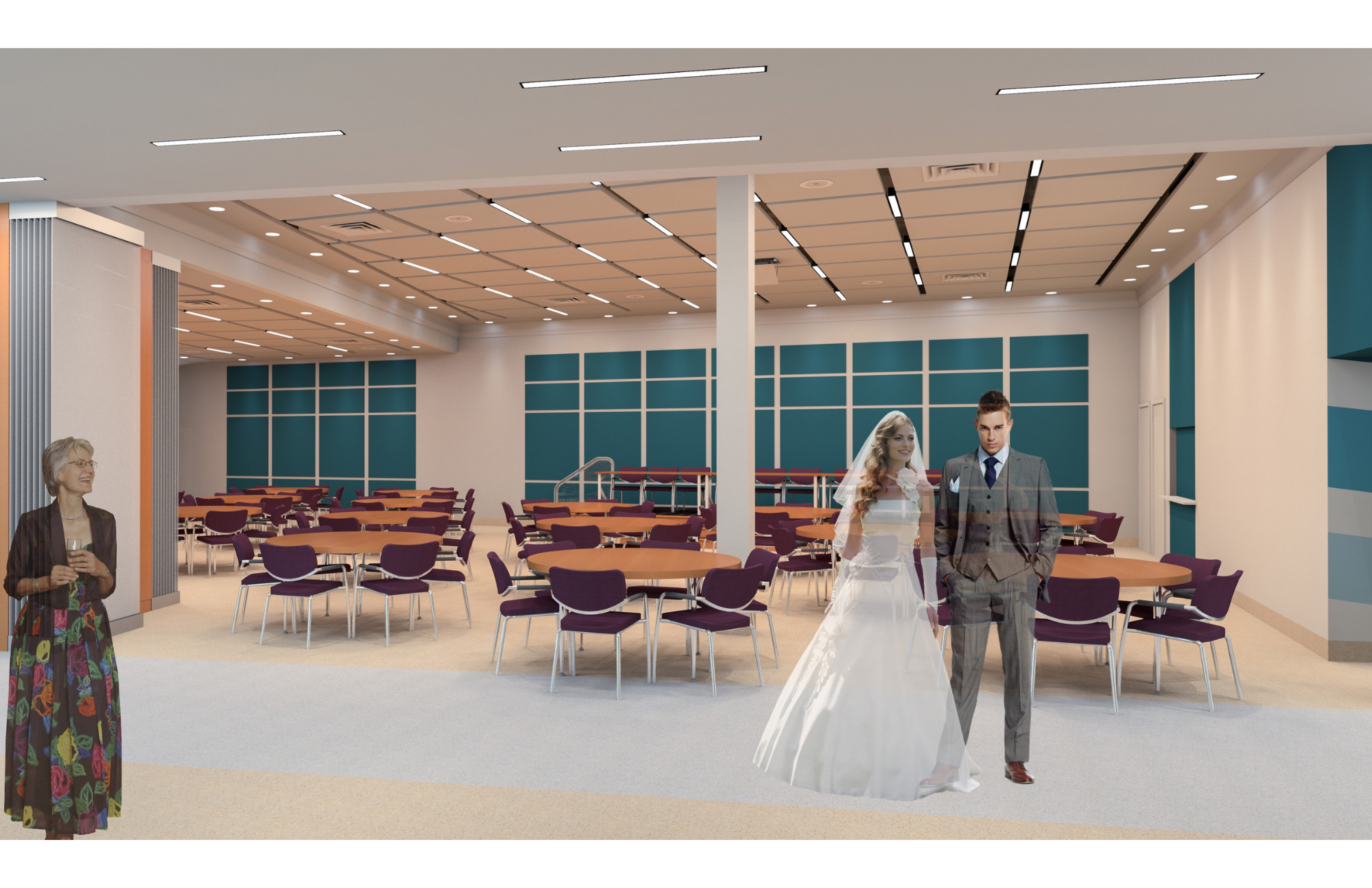 Interior of a banquet hall with tables and chairs, a column, and a marquee wedding couple walking together, with a woman holding a drink nearby.