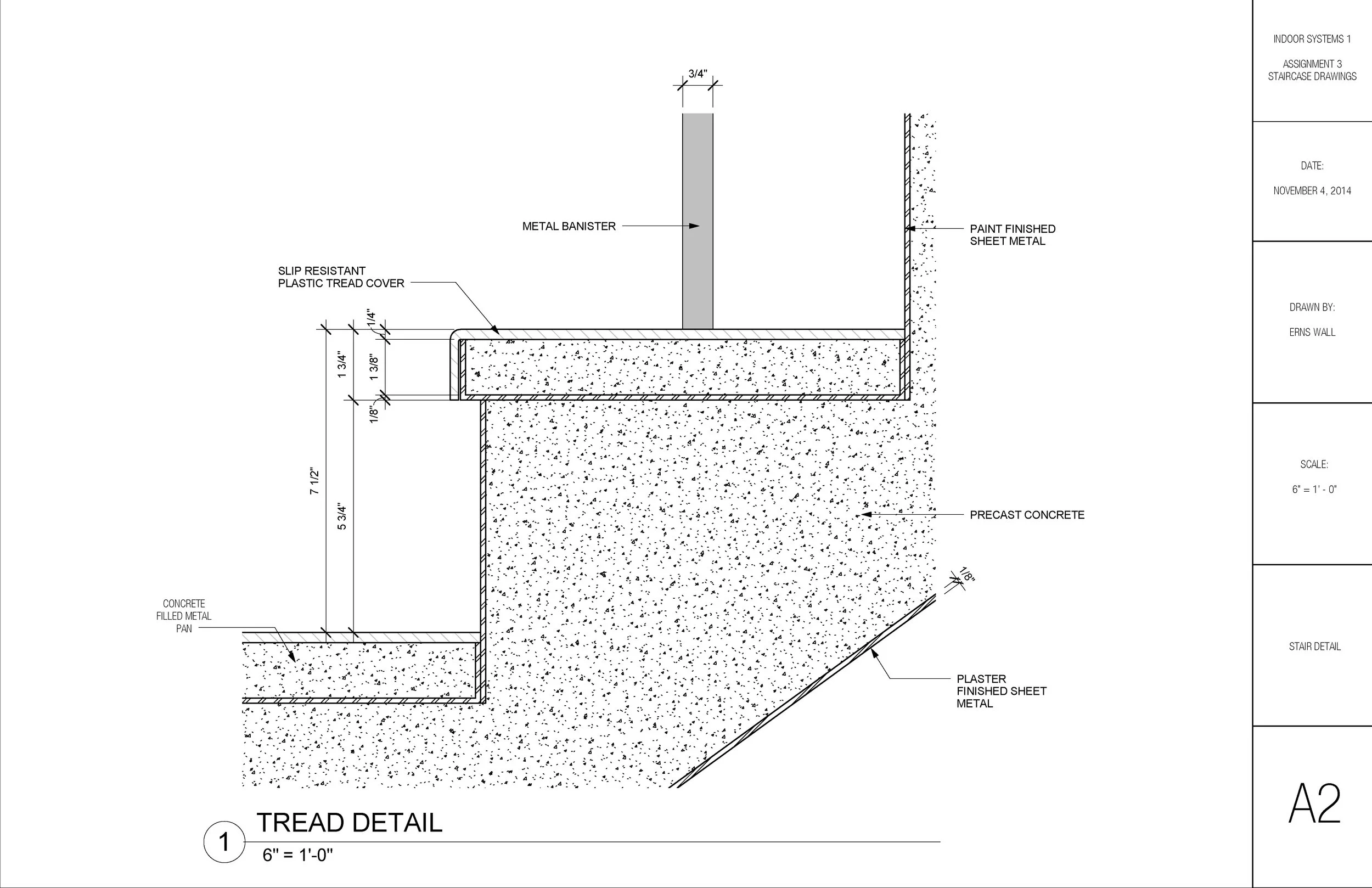 Architectural drawing of a staircase detail showing concrete steps with metal and plaster finishes, a metal banister, and various measurements.