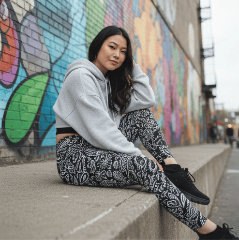 Young woman sitting on a tall ledge in front of a colorful graffiti wall, wearing a gray hoodie, patterned pants, and black shoes.