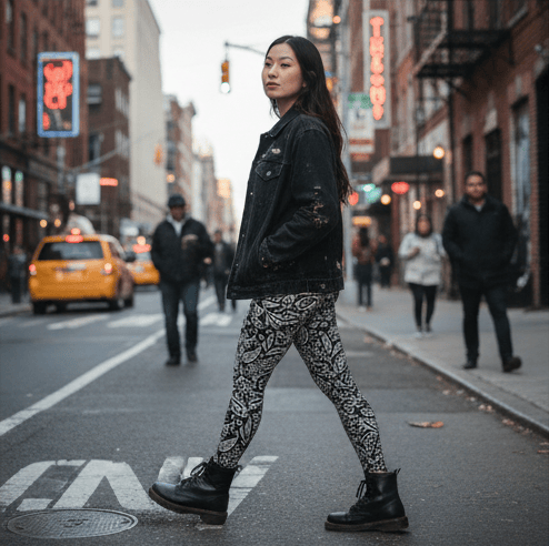 Young woman walking across a city street at dusk, wearing a black denim jacket, patterned leggings, and black boots, with urban buildings and pedestrians in the background.