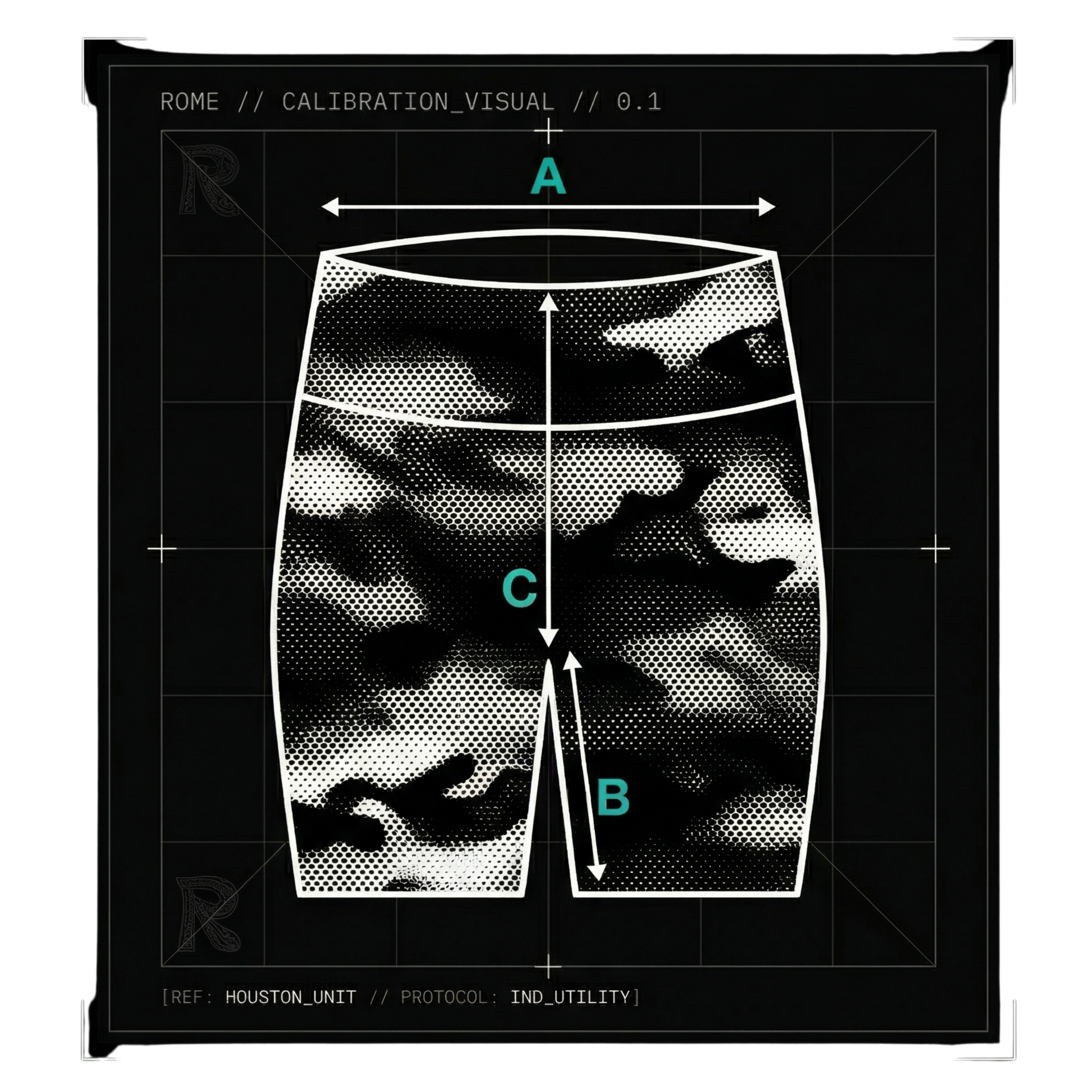 Shorts with labeled measurements (A) length top to bottom, (B) width side seem to seem, and (C) in seem