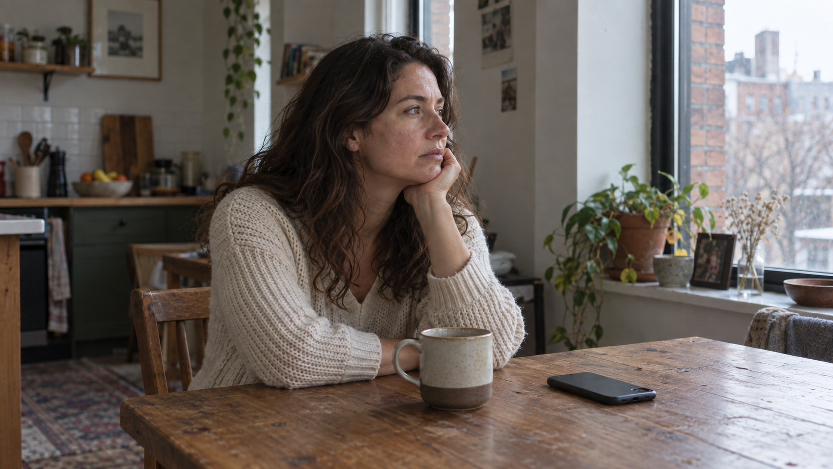 Woman struggling with trusting her intuition sitting beside a window with a phone face down on the kitchen table.