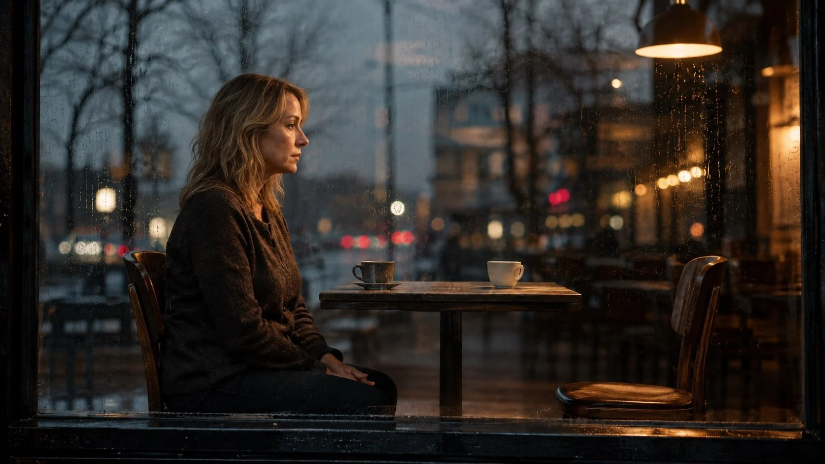 Blonde woman sitting across from an empty café chair, seen through a rain-streaked window at dusk.