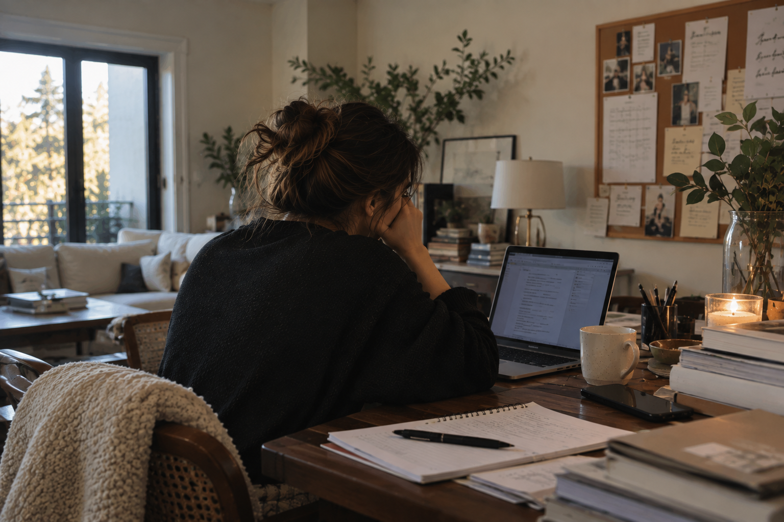 Woman sitting at a cluttered desk looking overwhelmed by work, representing perfectionism, productivity guilt, anxiety, and difficulty relaxing.