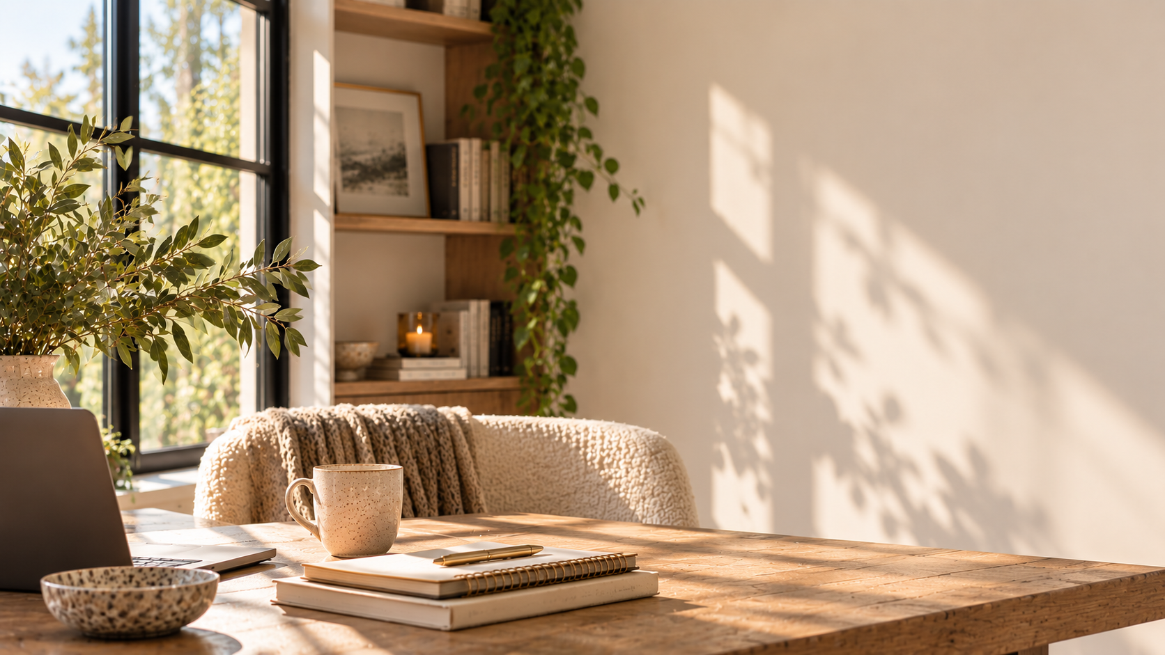 Warm, sunlit therapy office workspace for online psychotherapy at Khanian Psychological Services.
