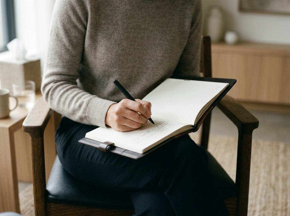 Female psychologist in NY NJ & PSYPACT states taking notes with new client in first session.
