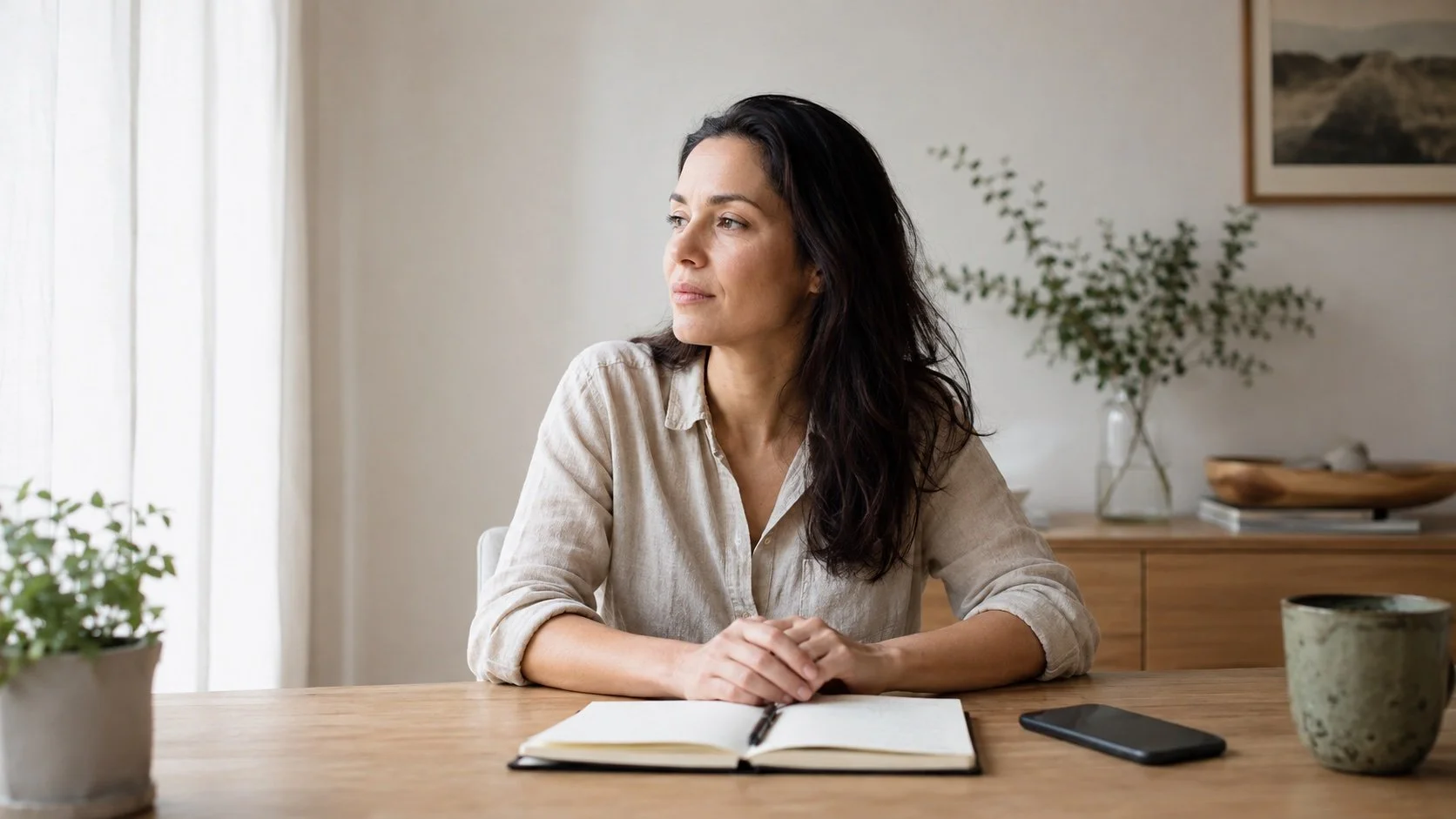 Woman sitting at a wooden table with an open notebook and phone, looking toward a sunlit window.
