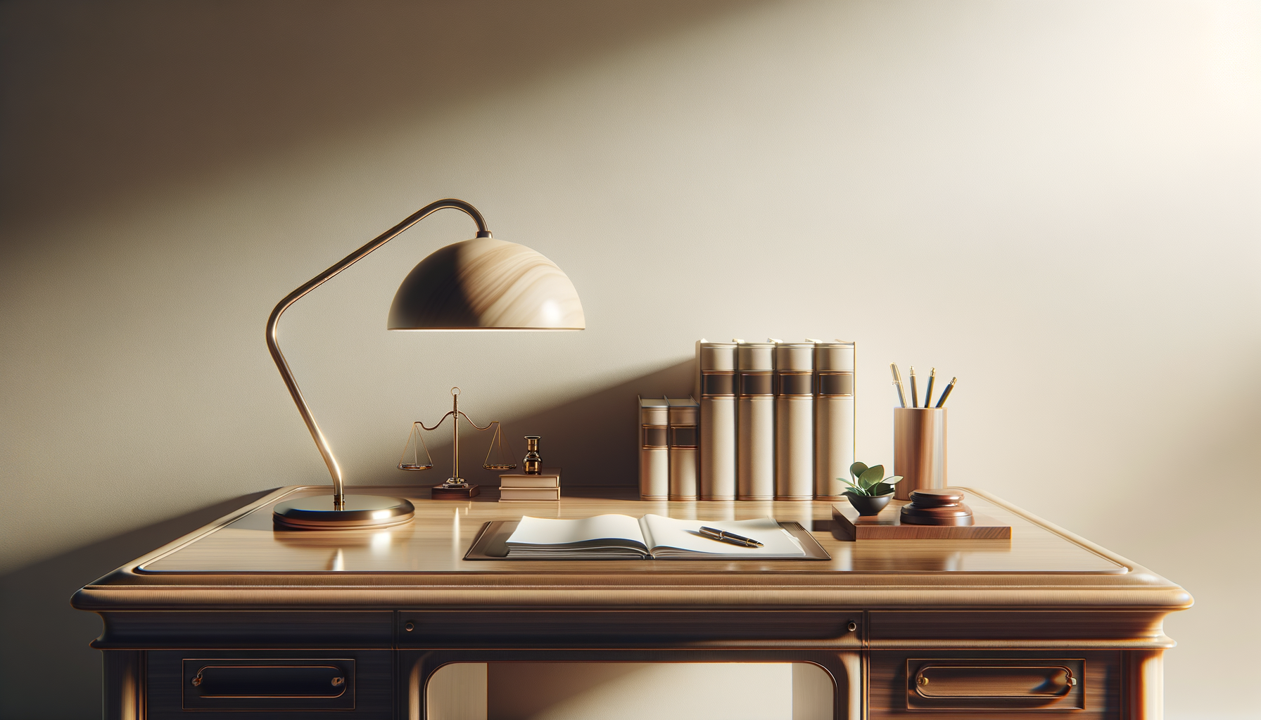 A wooden desk with a modern lamp, open book, pen, gold scale, five gold and black binders, a small potted plant, and pens in a holder, against a beige wall.
