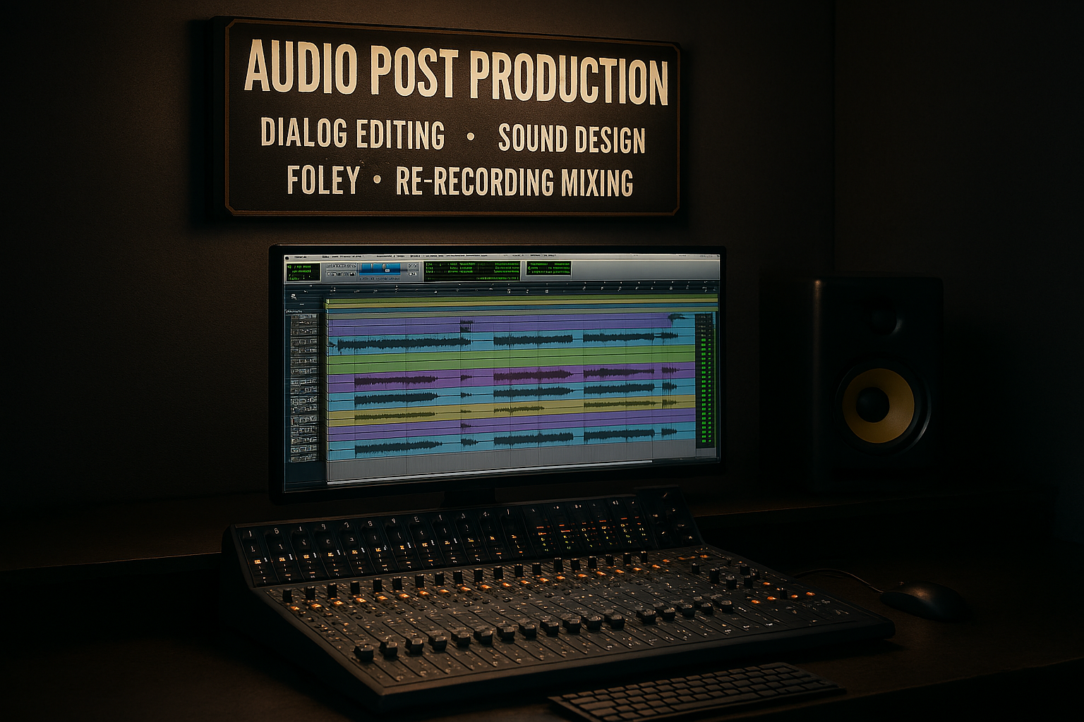 A computer monitor displaying digital audio editing software in a recording studio. There is a mixing console with faders and knobs, a mouse, and a speaker in the background. A sign above the monitor reads 'Audio Post Production' with tasks like dialog editing, sound design, Foley, and re-recording mixing listed.