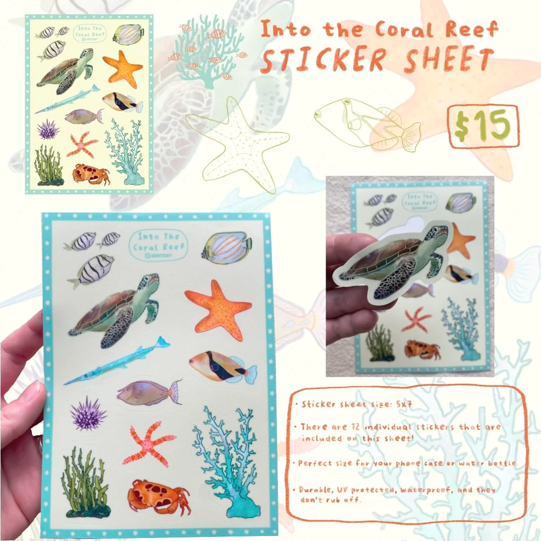 Sticker sheet with various sea creatures including a turtle, starfish, fish, seaweed, and coral. The background has a waterproof design with a coral reef theme and includes price and description text.