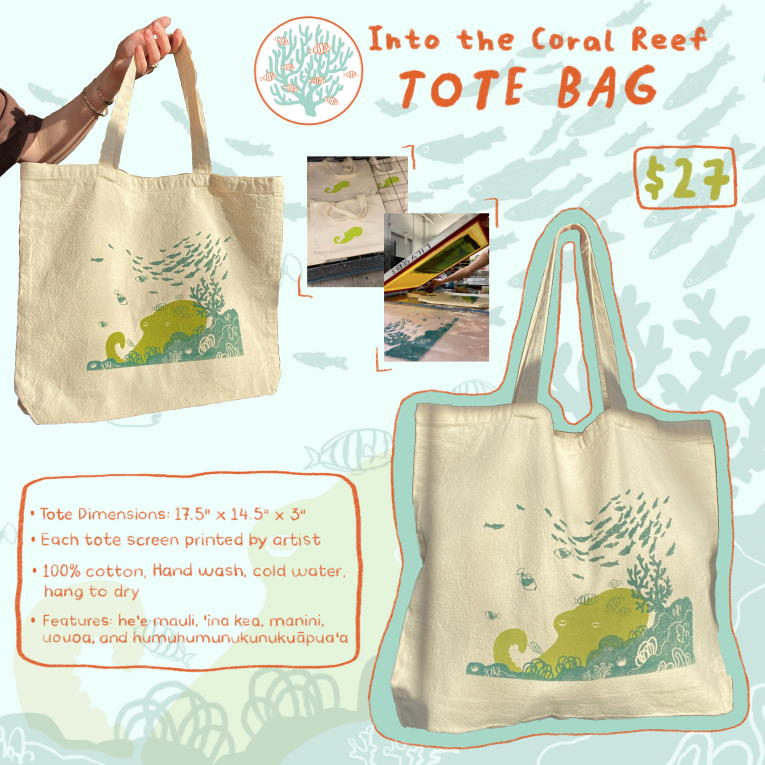 A beige tote bag with green ocean-themed artwork featuring a whale, coral, and seaweed, priced at $27. The background is light blue with abstract coral designs, and the tote dimensions are 17.5 by 14.5 by 3 inches. The image includes close-up photos of the tote's painted screen and information about its material and features.