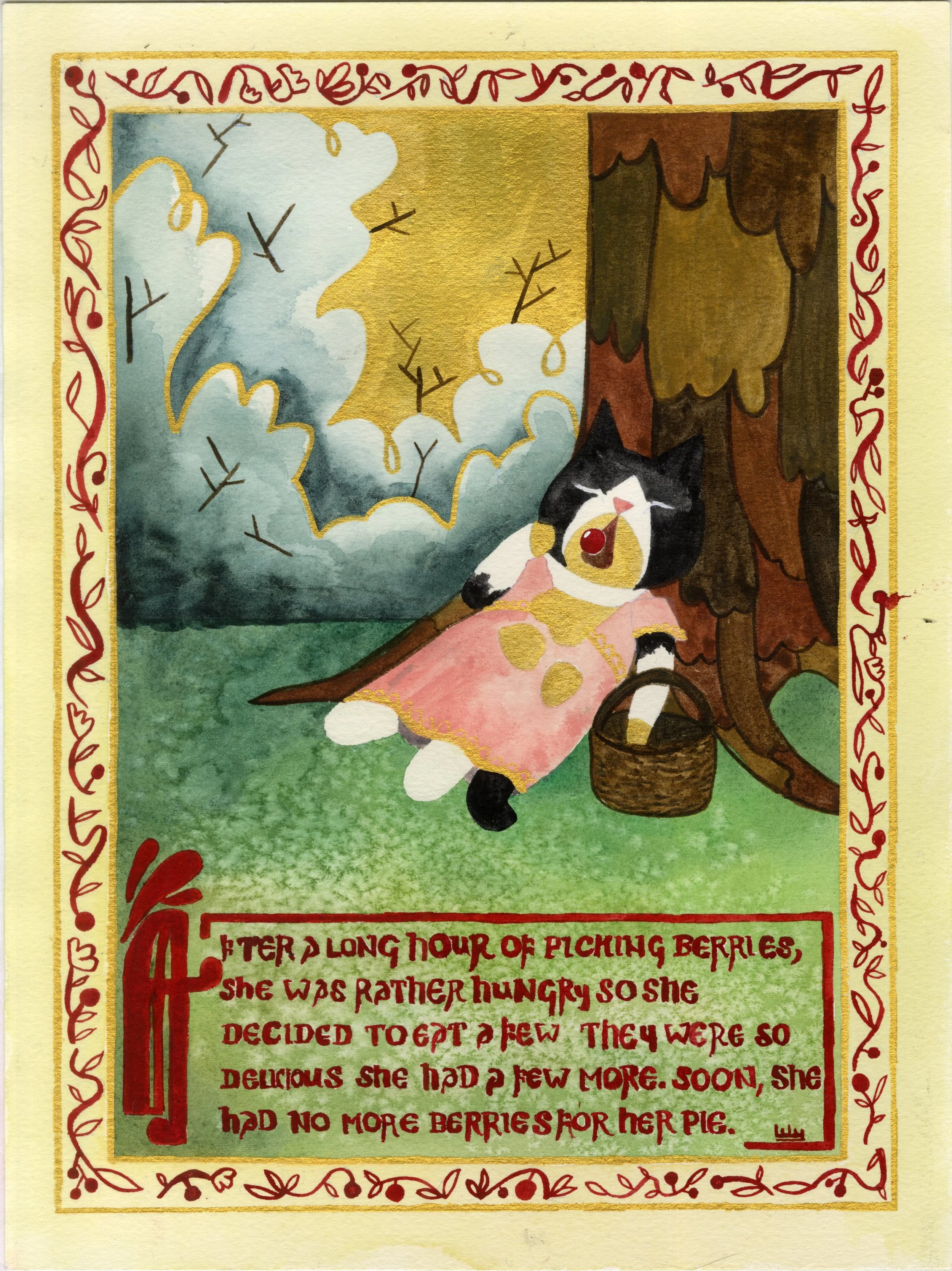A watercolor illustration of a black and white cat in a pink dress with gold accents, leaning against a tree trunk while holding a red berry in its mouth. The cat is outdoors, with a grassy ground, a basket beside it, and a cloudy sky with leafless tree branches in the background. The image is framed with a decorative red and gold border, and there is a box of text at the bottom that tells a story about the cat's day.