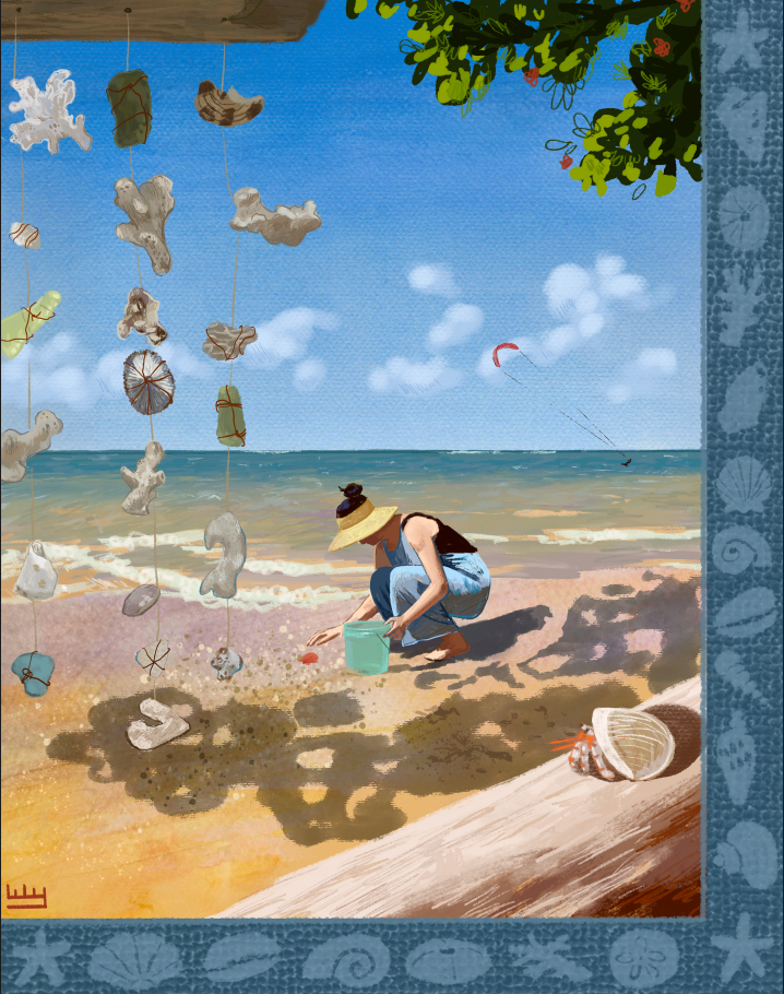 A woman in a wide-brimmed hat and jeans collecting shells on a beach, with the ocean and kite in the background, and seashells hanging on strings in the foreground.