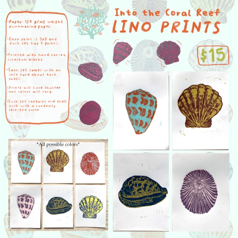 The image features a promotional display for coral reef-themed lino prints priced at $15. It showcases four hand-carved linoleum shell and sea creature prints, each accompanied by an info card. The display highlights that each print measures 5x7 inches, is printed with hand-carved linoleum blocks, and comes with an info card about each shell. The prints are colorful with various possible colors shown in smaller sample images.