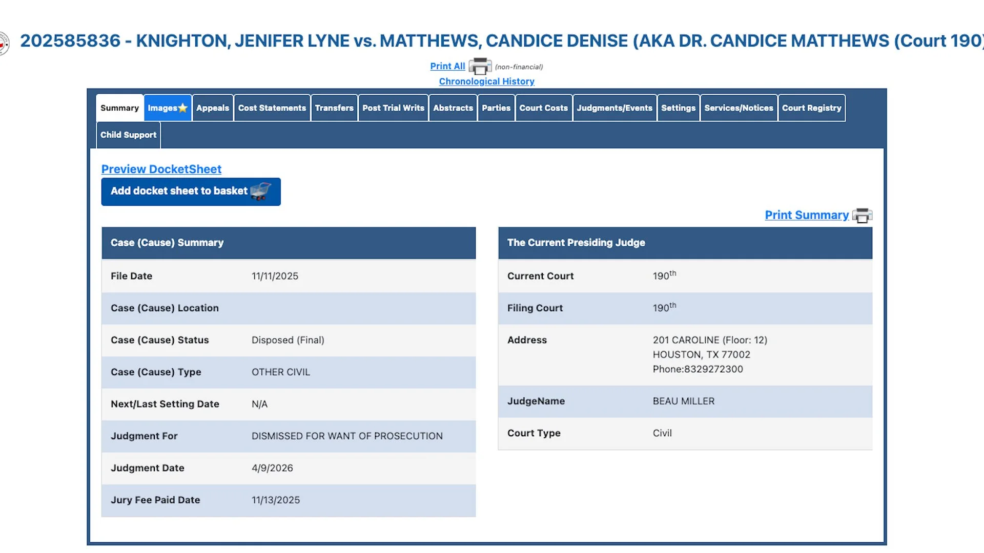 Lawsuit against Dr. Candice Matthews and others dismissed for want of prosecution