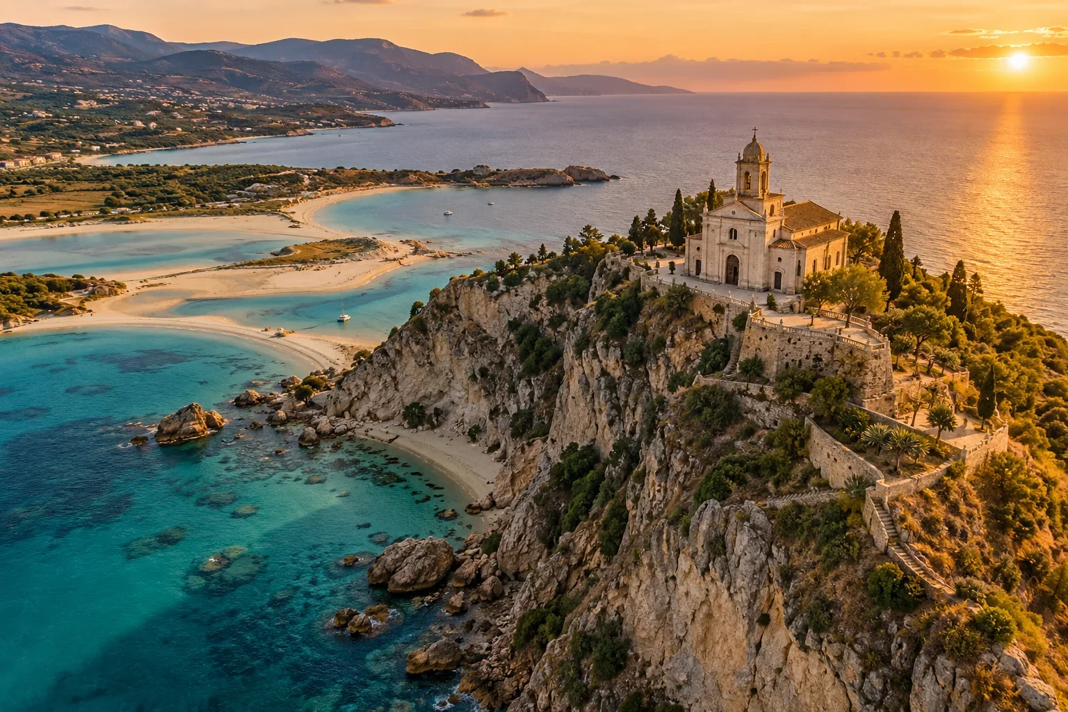 Veduta aerea al tramonto di un santuario sul promontorio, sopra le lagune turchesi della costa tirrenica siciliana