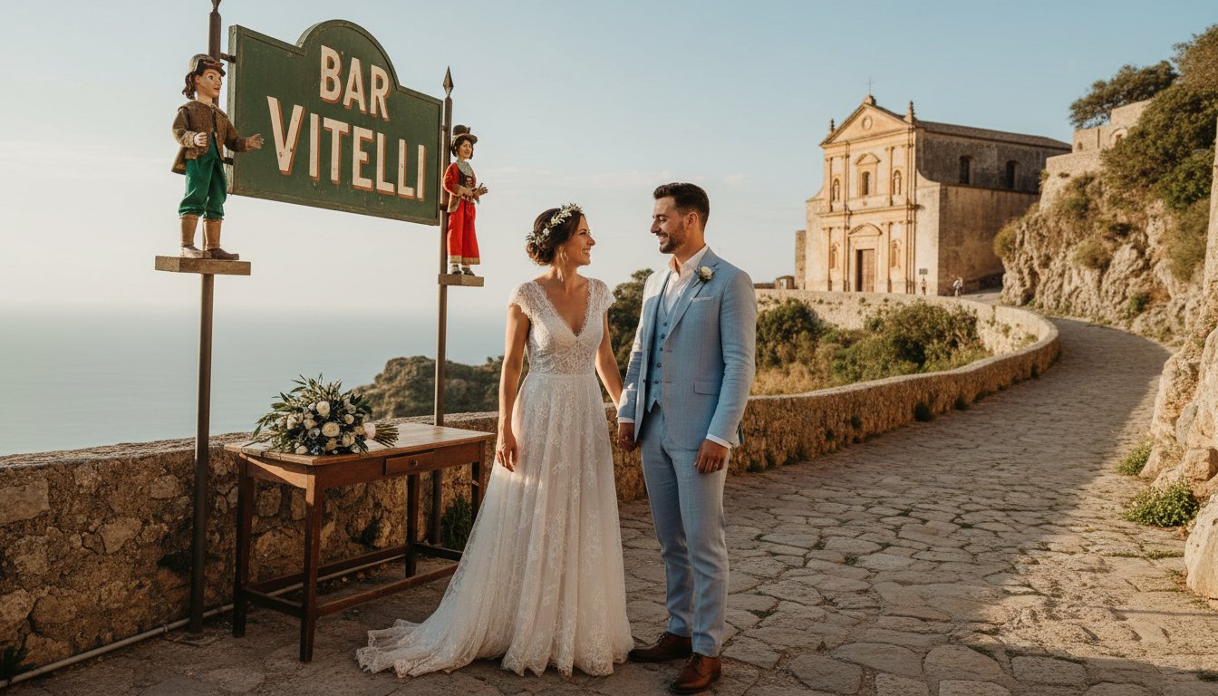 Elopement in Savoca Sicily — couple at Bar Vitelli with Church of San Nicolò, The Godfather filming location, cinematic wedding film by Film Vision