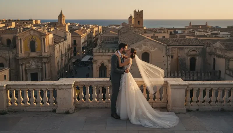 Wedding couple on rooftop terrace overlooking Palermo skyline and sea at sunset, Sicily