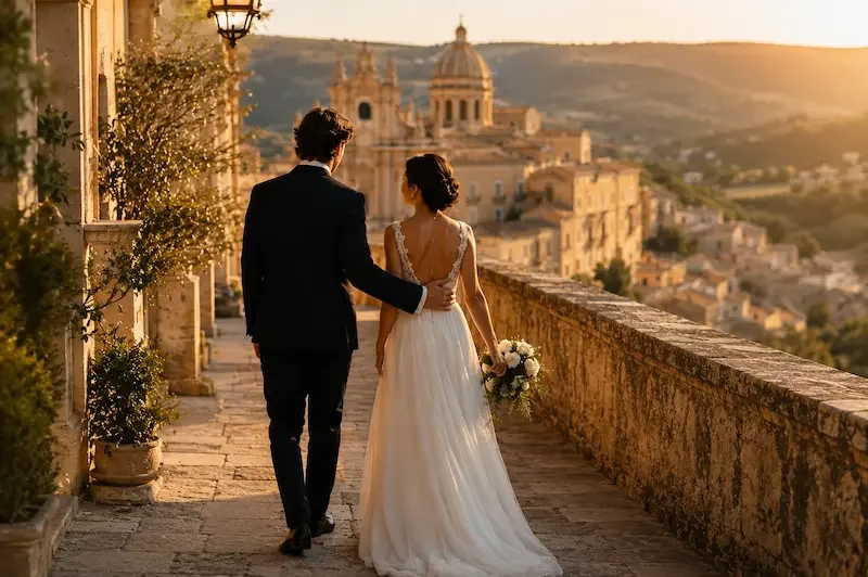 Romantic destination wedding couple walking through historic Ragusa Ibla, Sicily at golden hour with panoramic baroque city views and cinematic sunset light.