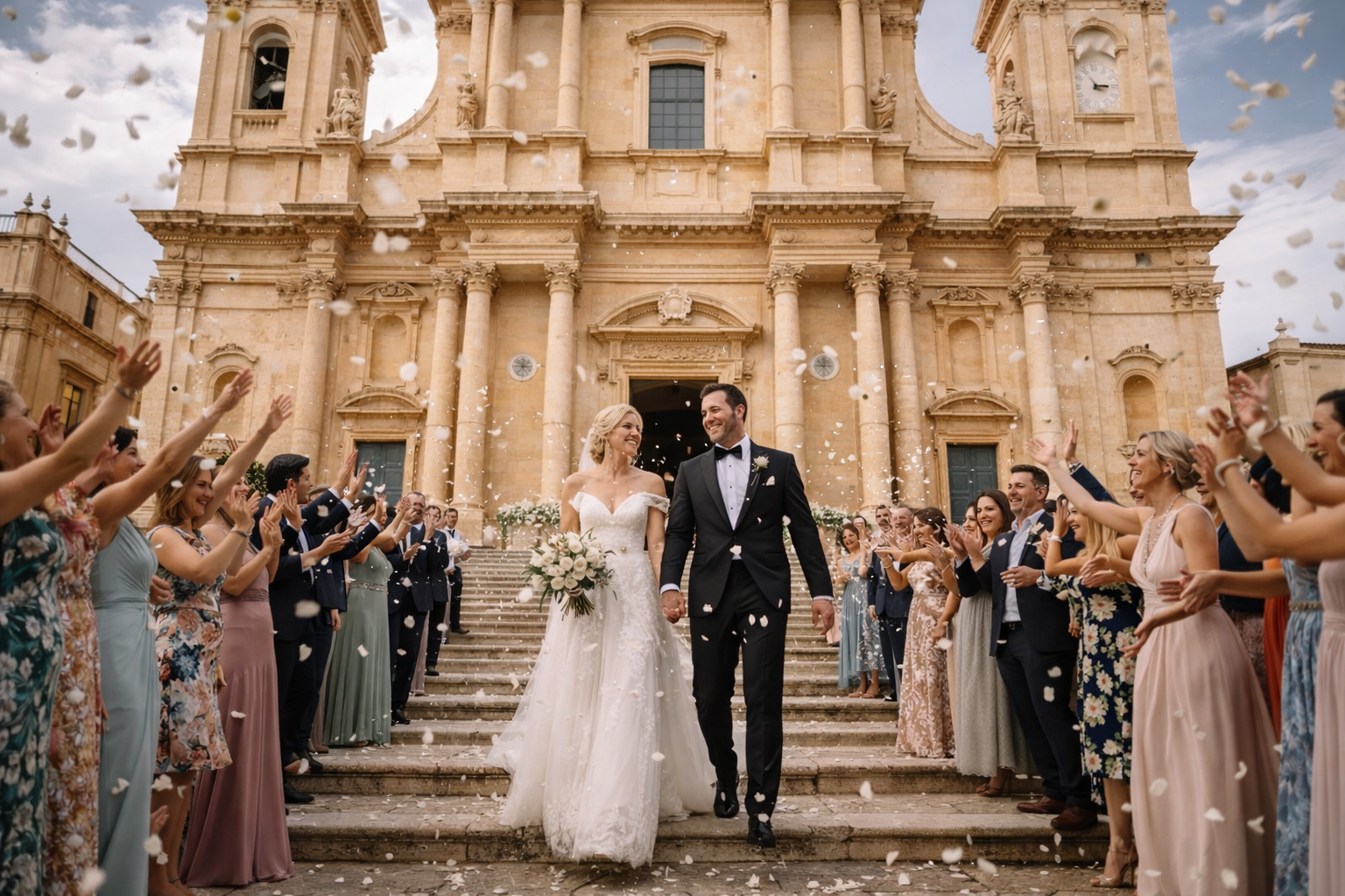 Wedding at the Cathedral of Noto in Sicily, one of the most famous baroque churches for destination weddings.