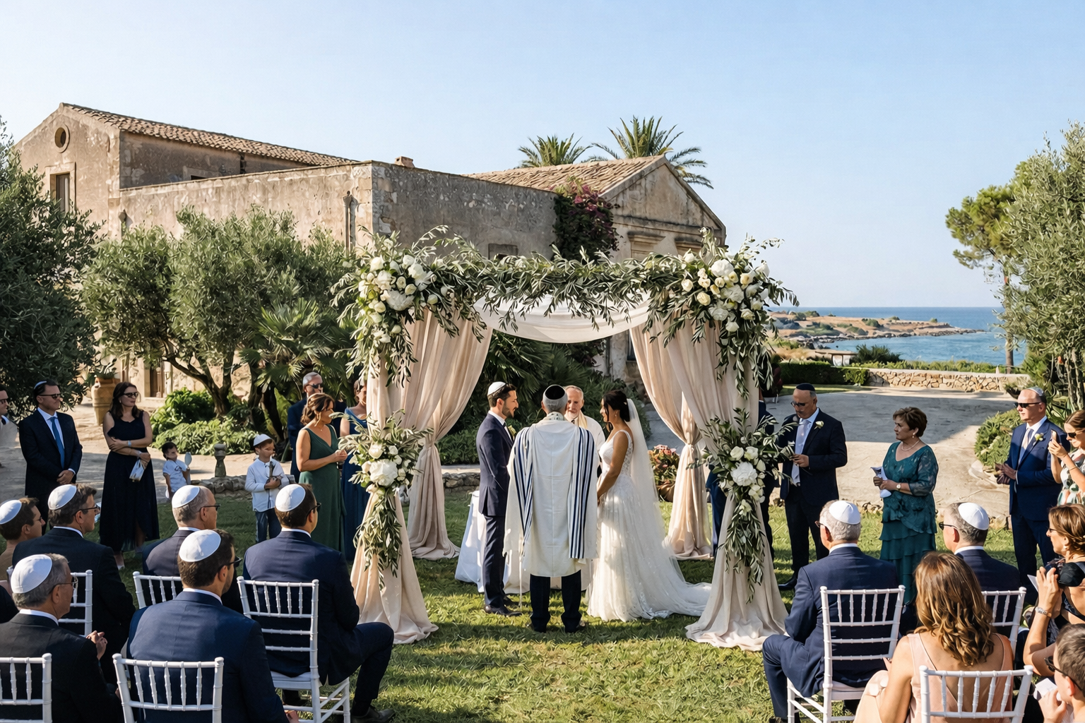 Luxury Jewish wedding ceremony in Sicily overlooking the sea, elegant destination wedding in Italy with floral chuppah and Mediterranean landscape