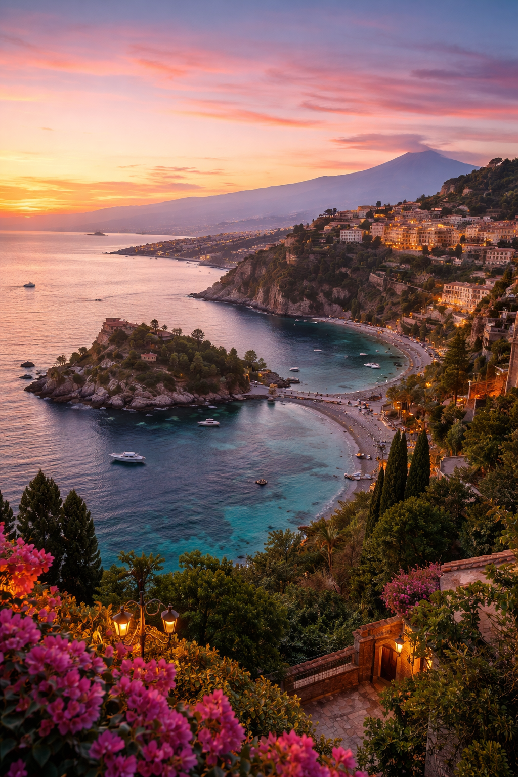 Sunset over the coastline of Positano, Italy, with colorful buildings on cliffs, boats in the water, and pink flowers in the foreground.