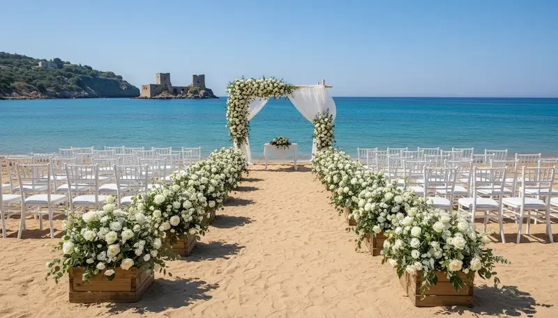 Outdoor beach wedding ceremony setup in Sicily with floral arch, white chairs and turquoise sea in the background