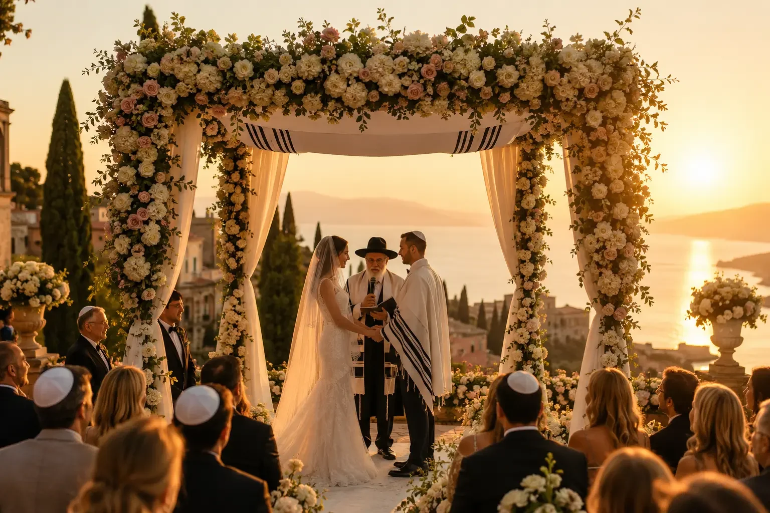 Chuppah ceremony at a luxury Jewish destination wedding in Sicily, Italy, with the couple beneath a floral canopy at golden hour.
